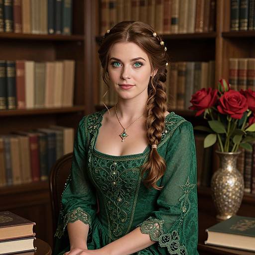 Photograph of a fair-skinned woman with green eyes, brown braid, wearing an ornate green dress, sitting in a library with red roses