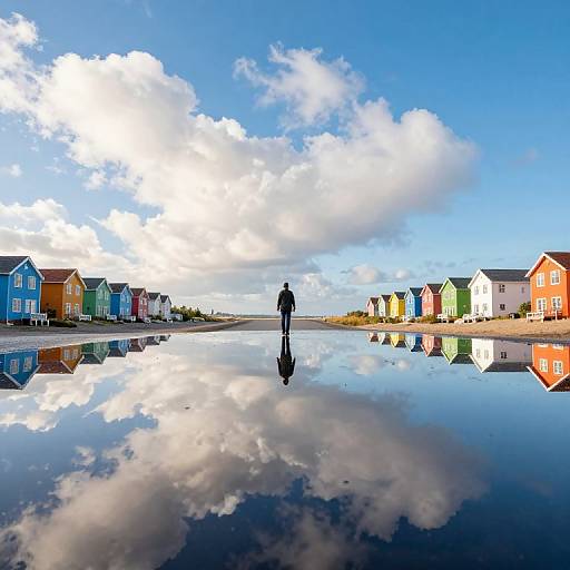 Photograph of colorful beach huts reflected in a puddle, with a solitary person standing in the center under a bright blue sky with fluffy clouds.