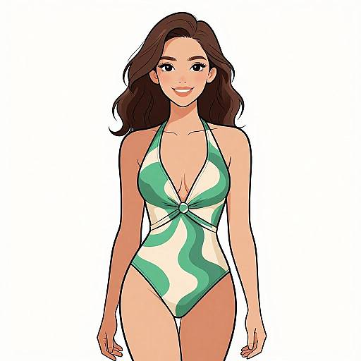 Digital illustration of a smiling woman with long brown hair, wearing a green and white patterned, deep V-neck one-piece swimsuit, standing against a