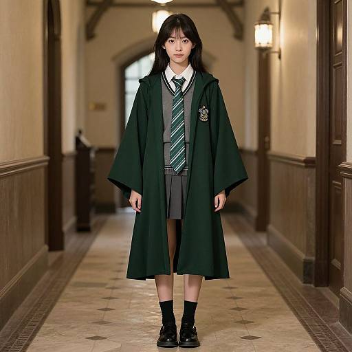 Photograph of an Asian girl in a Hogwarts-style school uniform, standing in a dimly lit, wooden-paneled hallway, wearing a dark green cloak