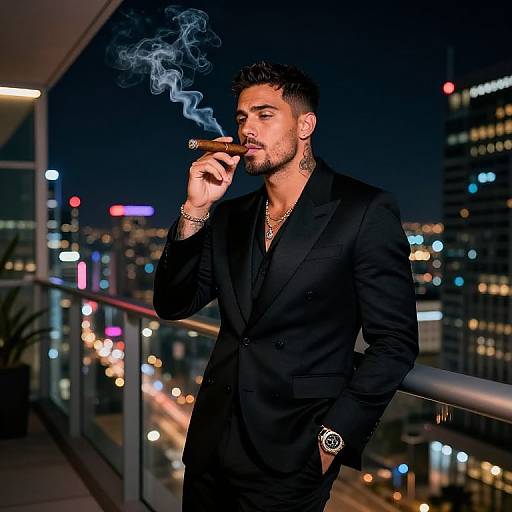 Photograph of a handsome man with short dark hair, stubble, black suit, smoking cigar, cityscape background at night, neon lights, balcony