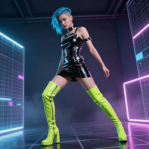 Neon-Cyan Cyberpunk Street Acrobat in Holographic Mist