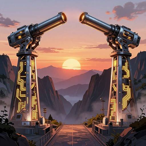 Digital artwork of a futuristic, neon-lit bridge arching over a misty mountain valley at sunset, with two large, glowing mechanical arms framing the