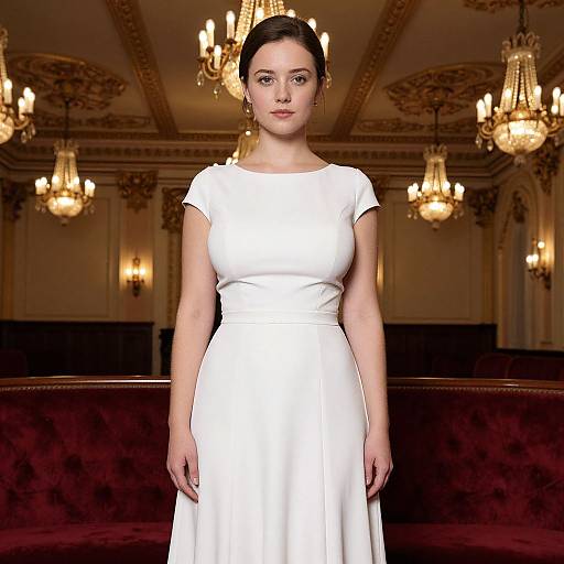 Photograph of a fair-skinned woman with dark hair in an elegant white dress, standing in an opulent room with ornate chandeliers and