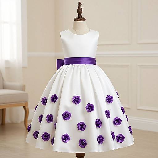 Photograph of a white sleeveless dress with a purple sash and purple rose patterns, displayed on a black dress form in a bright, elegant room