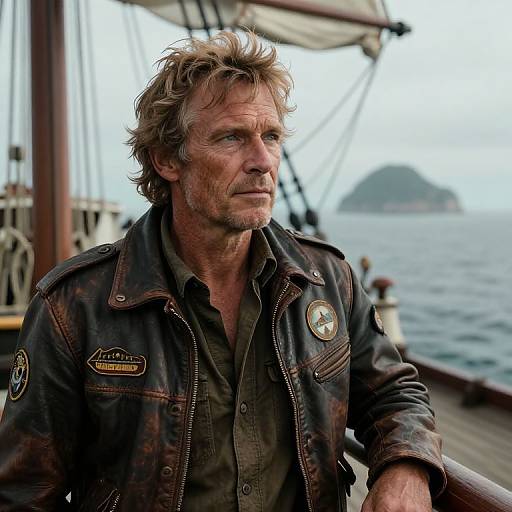 Photograph of rugged, middle-aged man with messy blond hair, wearing worn brown leather jacket with patches, standing on ship deck overlooking ocean and distant island