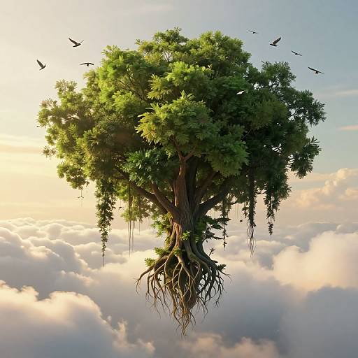 Fantasy illustration of a lush, floating tree with exposed roots, surrounded by fluffy clouds and flying birds, bathed in soft sunlight.