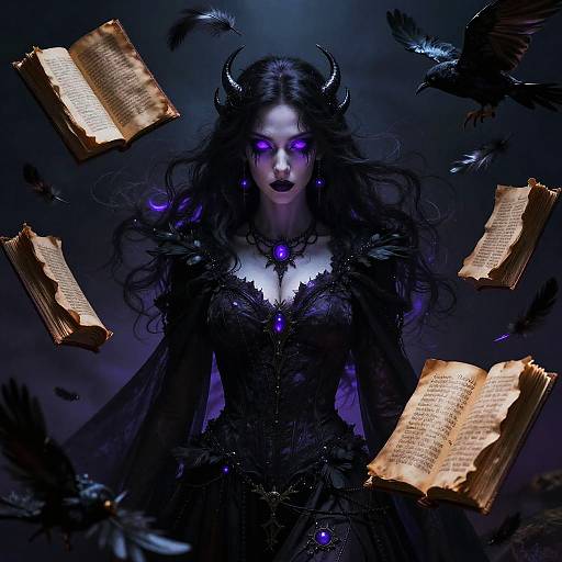 Digital artwork of a pale, demonic woman with glowing purple eyes, black horns, and long hair, surrounded by floating, glowing books and black ravens