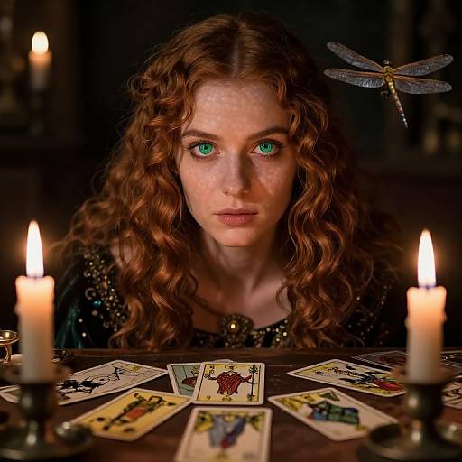 Photograph-style digital art: Intense-eyed, freckled redhead woman with curly hair, wearing black dress, stares at tarot cards under candle