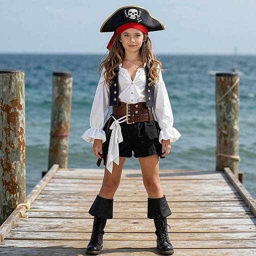 Young woman in pirate costume with black tricorn, red bandana, white shirt, black shorts, brown belt, black boots, standing on wooden pier