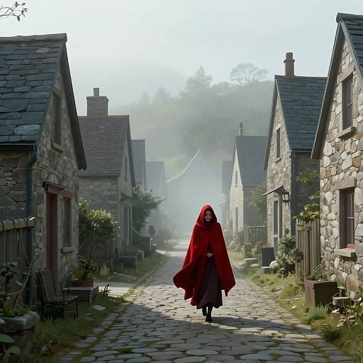 Digital artwork of a red-cloaked woman with hood, walking down a misty, cobblestone village street with stone cottages on either side