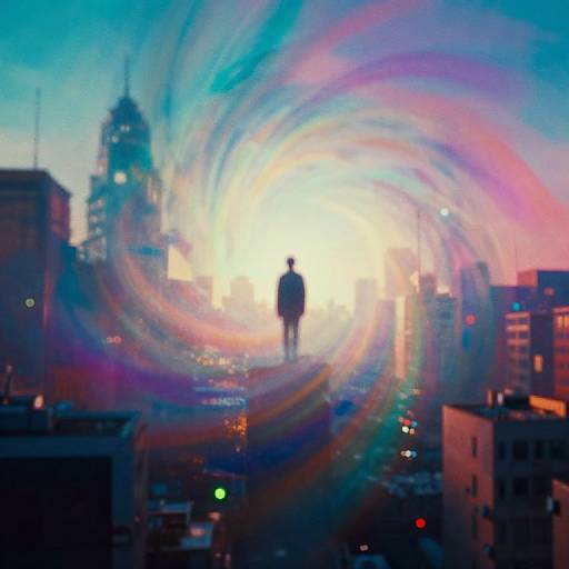 Photograph of a cityscape with a silhouetted figure in the center, surrounded by colorful, swirling light patterns, blending blues, pinks