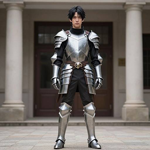 Photorealistic CGI of a young Asian man with black hair in full silver medieval armor, standing in front of a stone building with columns.