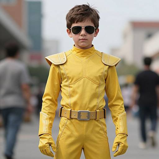 Photograph of a young boy in a shiny yellow superhero suit with black sunglasses, brown belt, and yellow gloves, standing in a blurred urban street.
