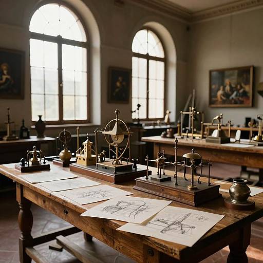 Photograph of a sunlit, antique office with large arched windows, wooden tables, scientific instruments, and detailed architectural drawings.