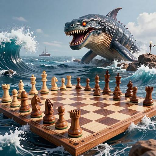 Digital artwork of a giant shark-monster with glowing eyes emerging from ocean waves, towering over a chessboard floating in turbulent water.