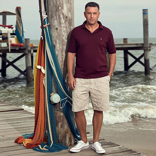 Photograph of a middle-aged man with short black hair, wearing a black polo shirt, beige shorts, and white sneakers, standing on a wooden pier