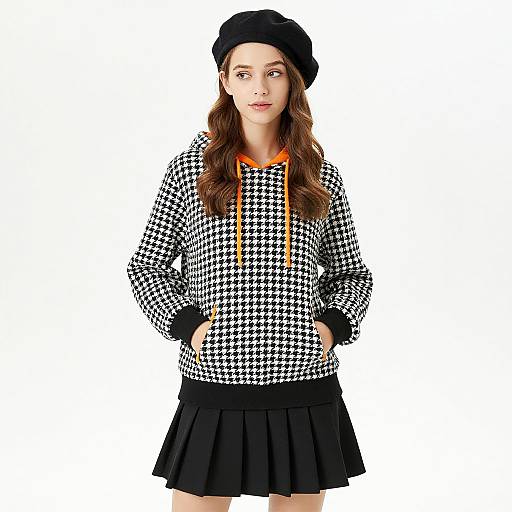 Young woman in black-and-white houndstooth hoodie, black pleated skirt, and beret, standing with hands in pockets, against white background