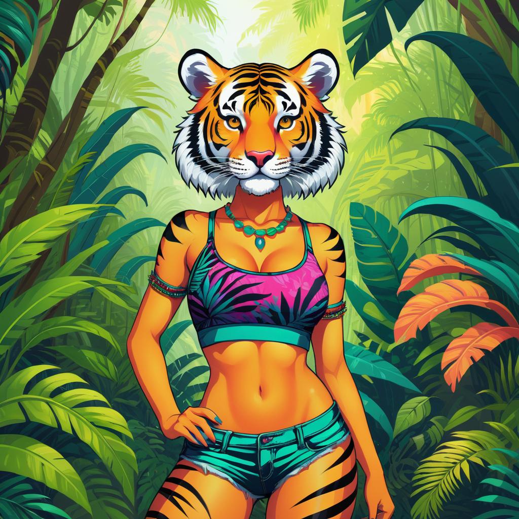 Vibrant Ecchi Tiger in Jungle Art