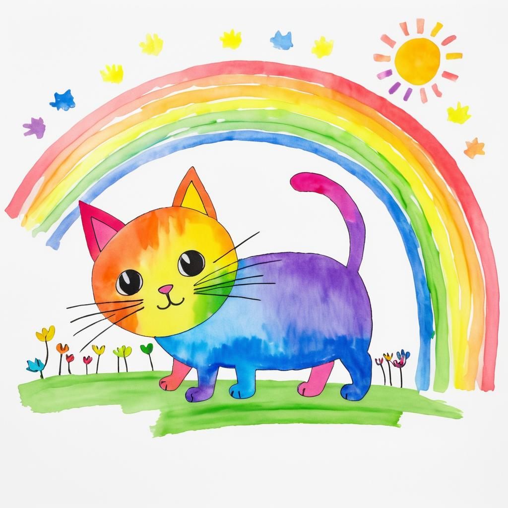 Whimsical Cat with Rainbow Drawing