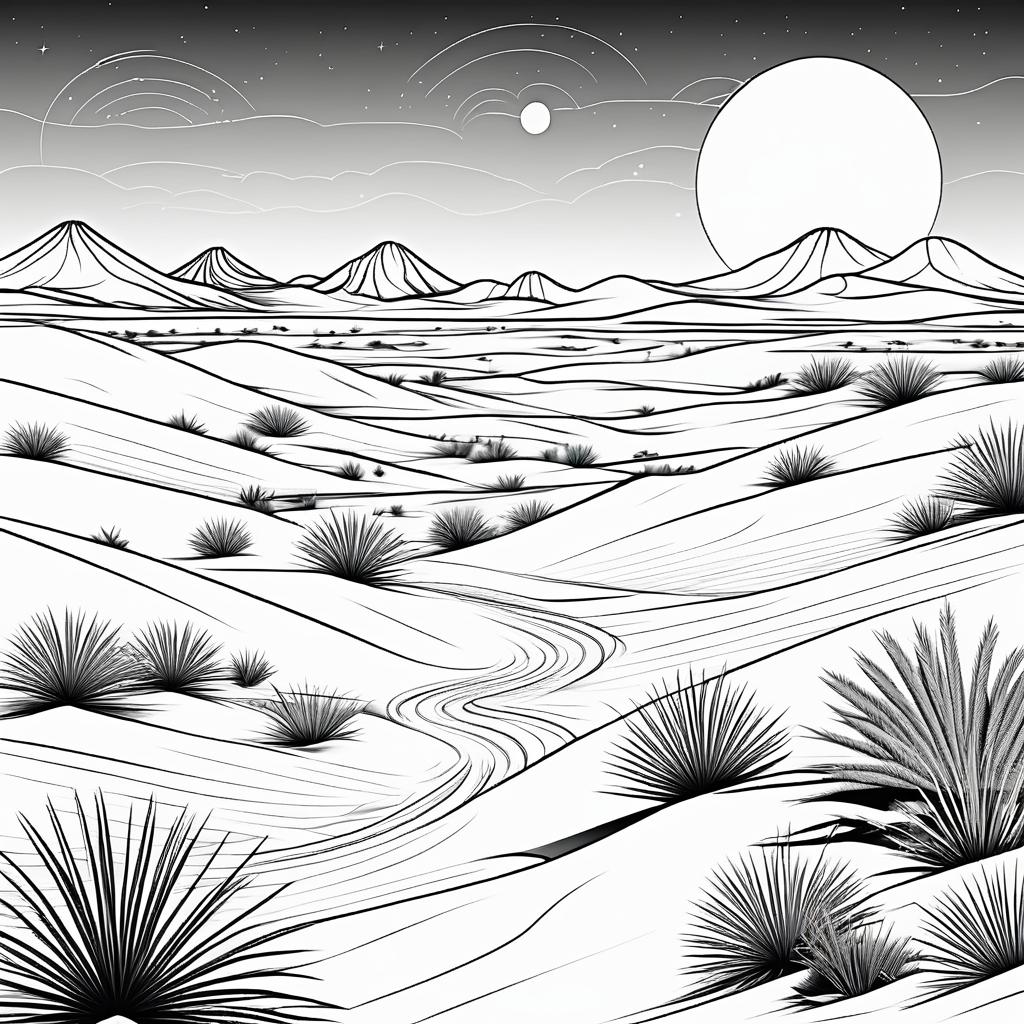 Mystical Desert Oasis Line Art Coloring Page