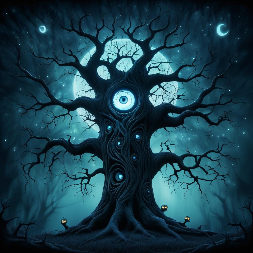 Surreal Haunted Tree with Glowing Eyes