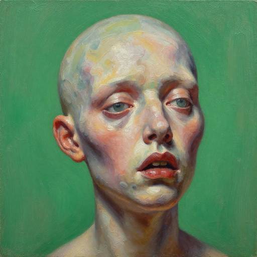 Digital painting of a bald, androgynous figure with pale, multi-colored skin, blue eyes, and pink lips, set against a solid green