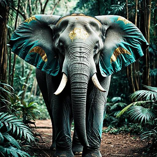 Elephant in Gold and Teal Silken Jacket in Rainforest