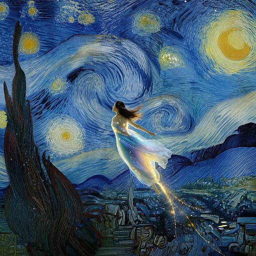 Digital artwork of a glowing, ethereal woman with flowing hair, wearing a white dress, flying against a swirling blue and yellow night sky with stars,