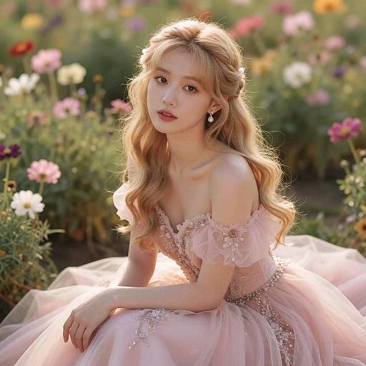 Photograph of a fair-skinned, blonde woman with wavy hair, wearing a pink, off-shoulder, floral-embellished ball