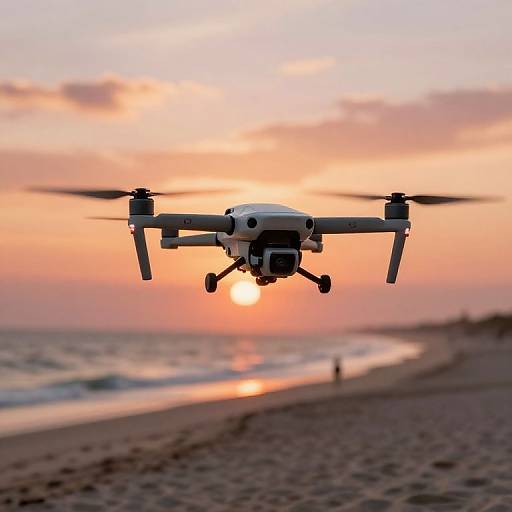 Photograph of a white drone with black blades flying over a sandy beach at sunset, with a vibrant orange-pink sky and a distant, blurry figure