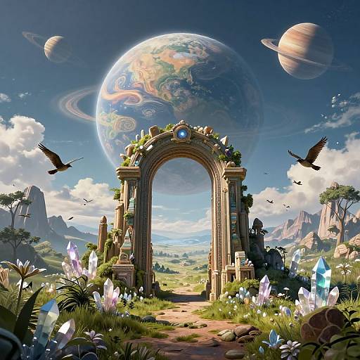 Fantasy landscape with a grand, archway portal, surrounded by glowing crystals, birds, and two planets in a vibrant blue sky.