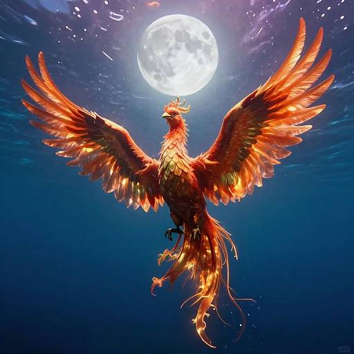 Digital artwork of a fiery, red-orange phoenix with outstretched wings soaring towards a bright full moon in a starry night sky.