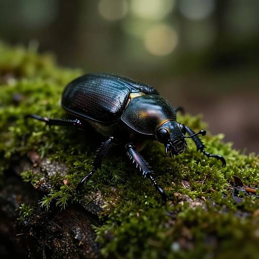 Close-up photograph of a glossy, black beetle with orange highlights, crawling on vibrant green moss in a blurred forest background.