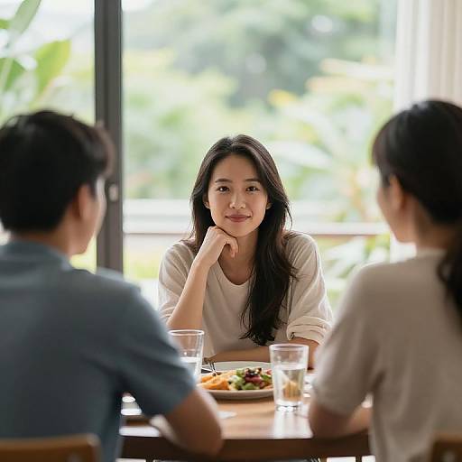 Photograph of three Asian adults at a sunlit table, with a smiling woman in a white shirt facing two seated individuals. Background: blurred greenery