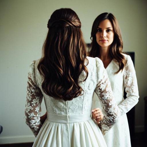 Bride in White Lace Dress Standing Indoors