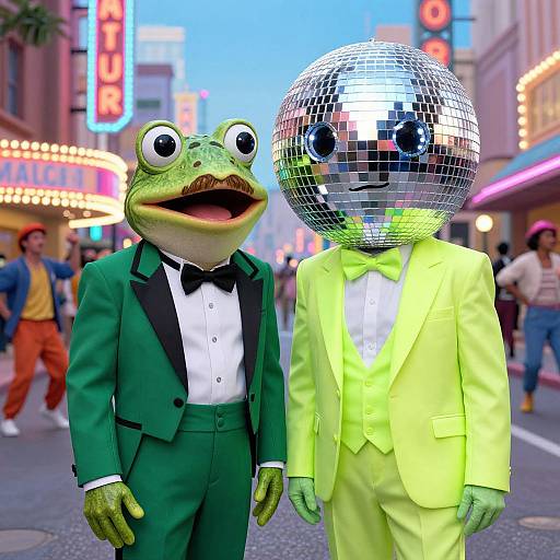 Photograph of two anthropomorphic frogs in a neon-lit street; one in a green tuxedo, the other in a lime suit with a