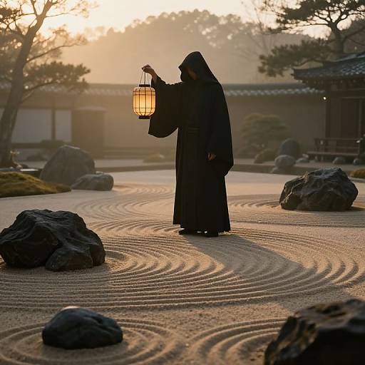 Silhouetted figure in traditional Japanese robe holding lantern, standing in serene, sunlit rock garden with intricate raked sand patterns.