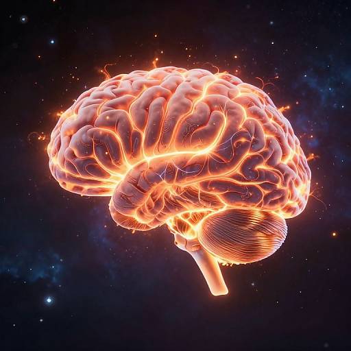 CGI of a glowing, fiery human brain floating in a dark, starry space, with vibrant orange and red lights illuminating its intricate folds.