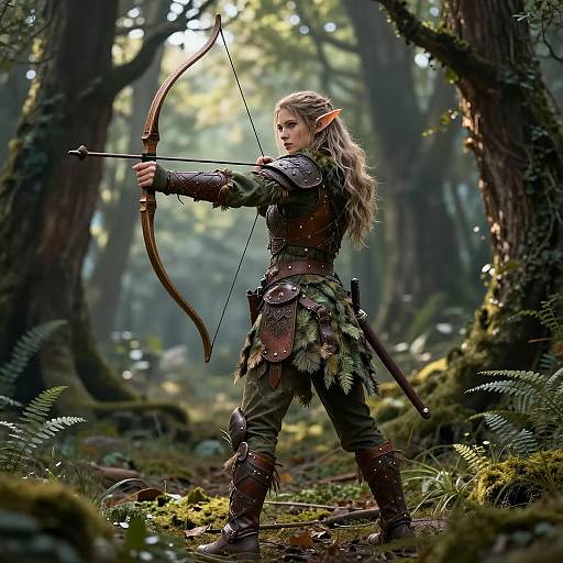 Digital fantasy artwork: Blonde elf archer with pointed ears, wearing leather armor and leafy skirt, draws bow in lush, misty forest.