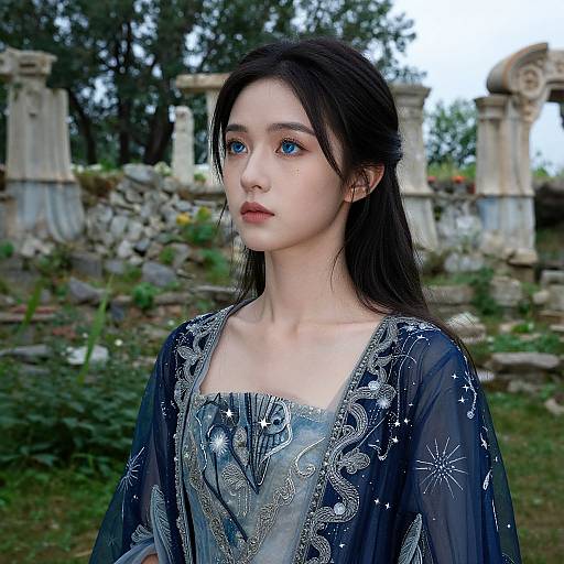 Photograph of a young Asian woman with fair skin, blue eyes, and long black hair, wearing an ornate blue and silver embroidered dress, standing