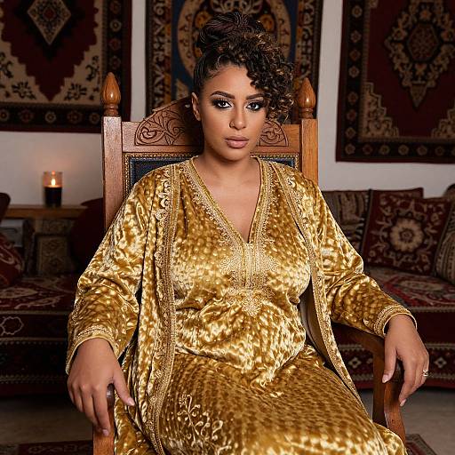Photograph of a woman with curly hair in a gold, velvet, long-sleeved dress, sitting on an ornate wooden chair, in a