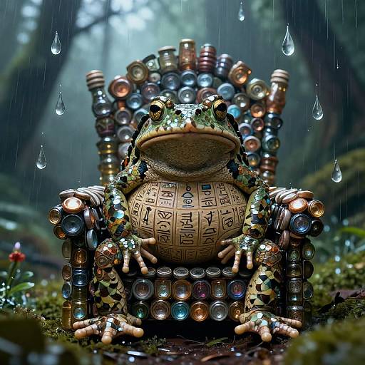 Digital art of a frog throne made from colorful, glowing bottle caps in a rainy forest, with droplets falling around.