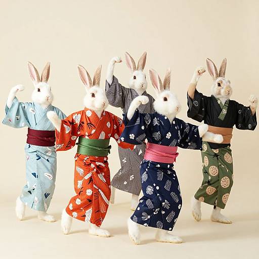 Photograph of five white rabbits dressed in colorful Japanese kimonos, standing in a line, each with distinct patterns and obi belts, against a