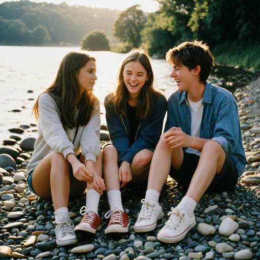 Teenagers Laughing by Riverside at Golden Hour