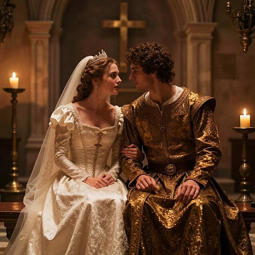 Photograph of a medieval-themed wedding in a dimly lit church; bride in white lace gown, veil, and tiara; groom in gold embroidered