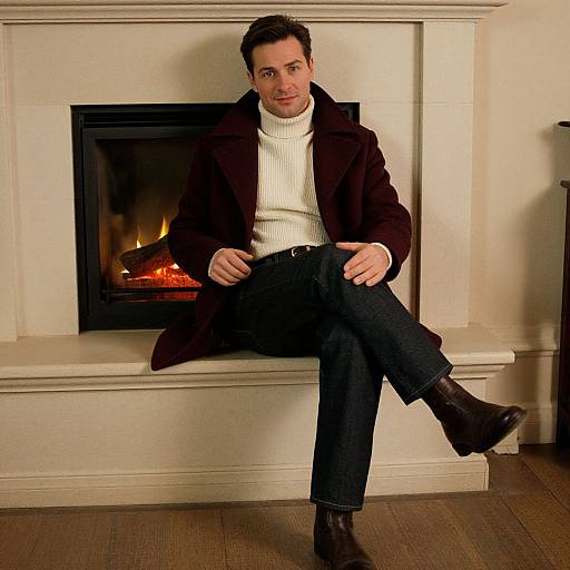 Cozy Man by Fireplace in Autumn Attire