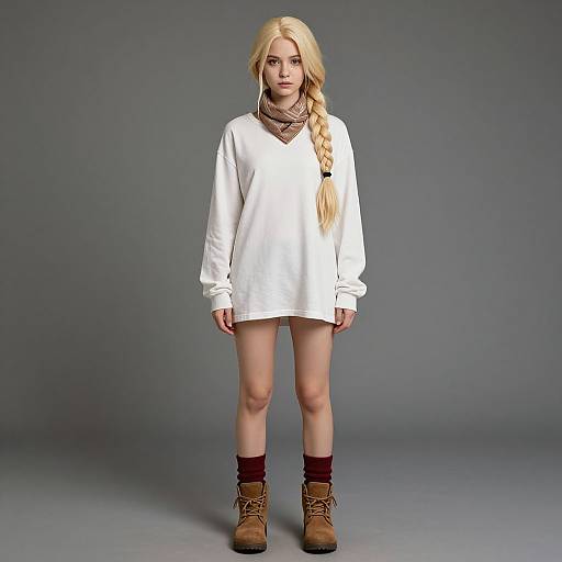 Photograph of a blonde woman with a long braid, wearing a white oversized sweater, brown boots, maroon socks, and a brown scarf,