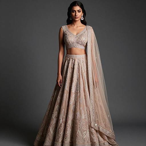 Photograph of a dark-haired woman in an elegant, sparkling beige lehenga with a sheer dupatta, sleeveless crop top, and large earrings,