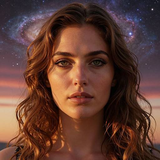 Photorealistic portrait of a beautiful woman with wavy brown hair, glowing halo, and intense green eyes, set against a starry twilight sky.